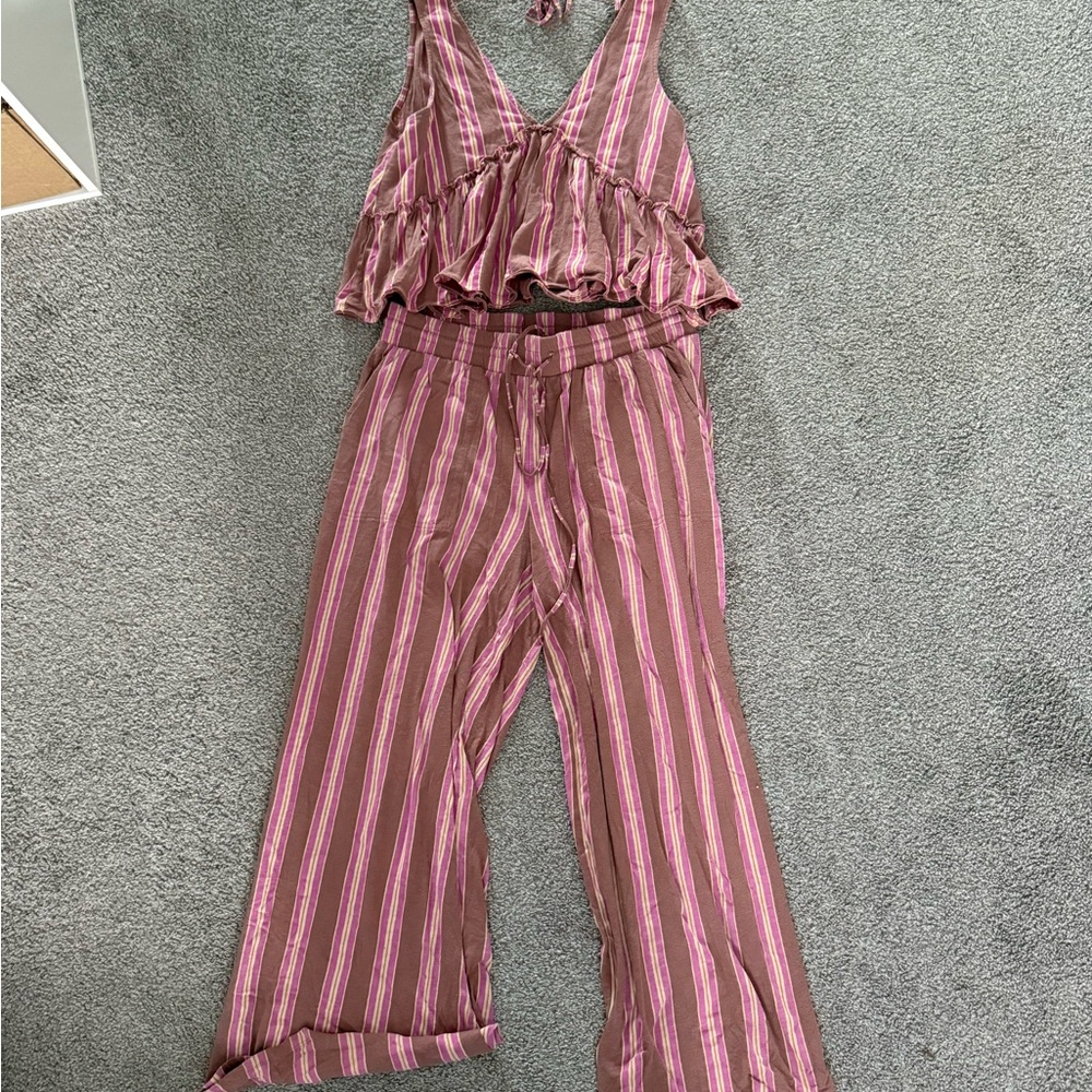 Striped Pink and Brown Two-Piece Women's Top and Pants Set